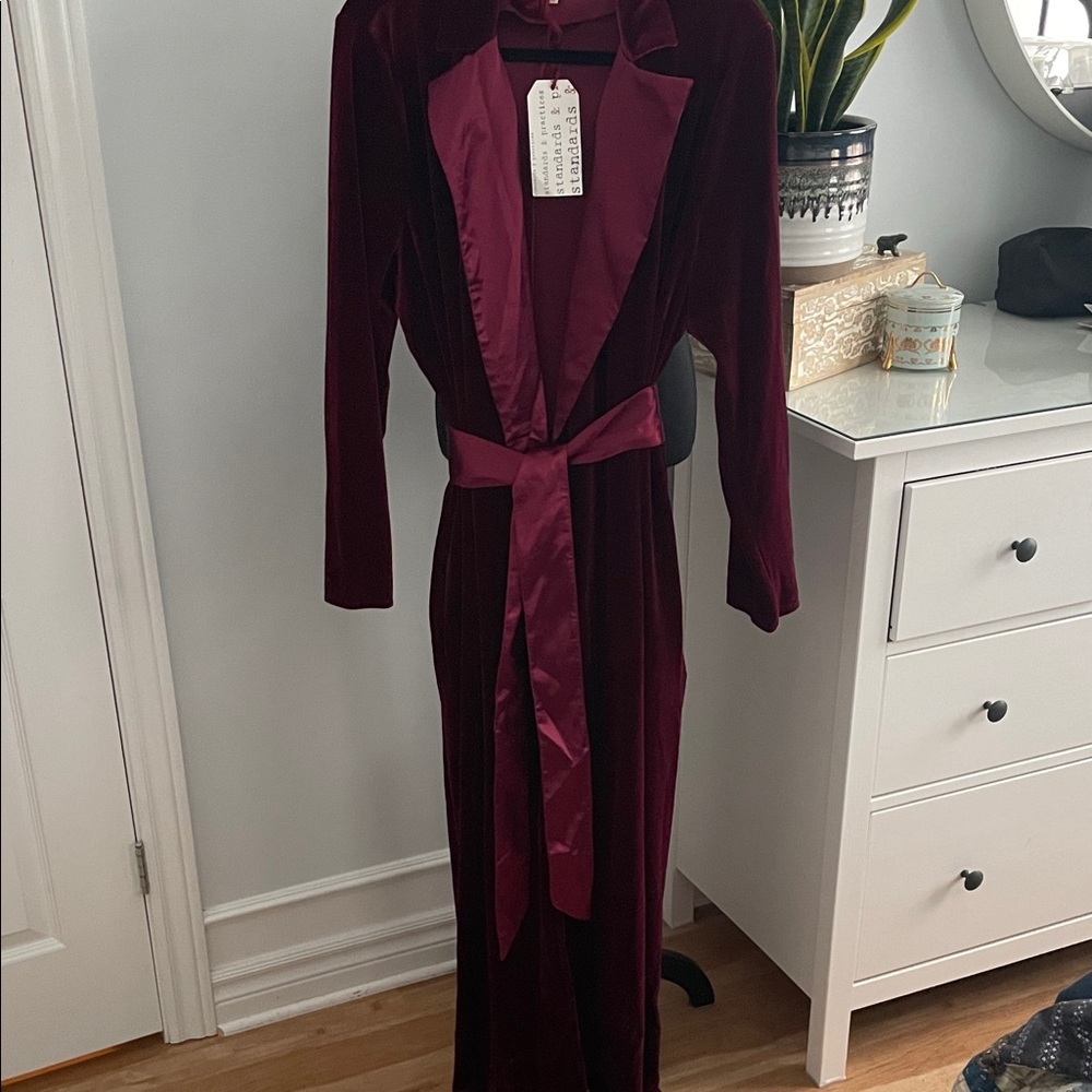 NWT Elegant Burgundy Velvet Wrap Coat with Satin Lapel and Belt